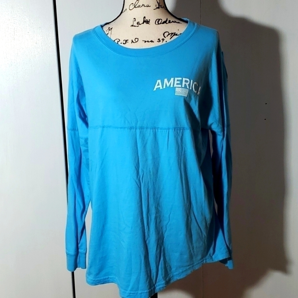 Basix of America- Light Blue " America " Spell Out  Longsleeve Shirt Women Sz.XL - Picture 2 of 5